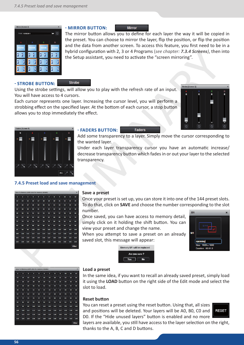 5 preset load and save management, Preliminar y | Analog Way Ascender 32 User Manual | Page 56 / 81