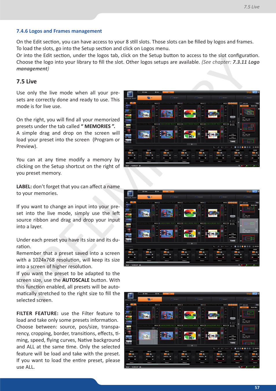 6 logos and frames management, 5 live, Preliminar y preliminar y | Analog Way Ascender 32 User Manual | Page 57 / 81