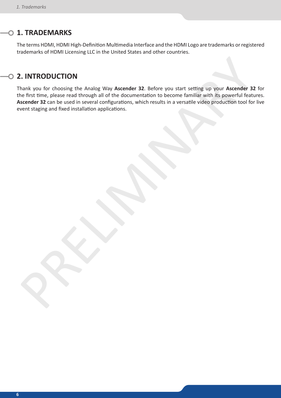 Trademarks, Introduction, Preliminar y | Analog Way Ascender 32 User Manual | Page 6 / 81