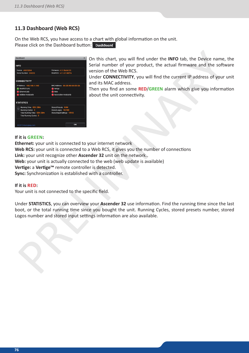 3 dashboard (web rcs), Preliminar y | Analog Way Ascender 32 User Manual | Page 76 / 81