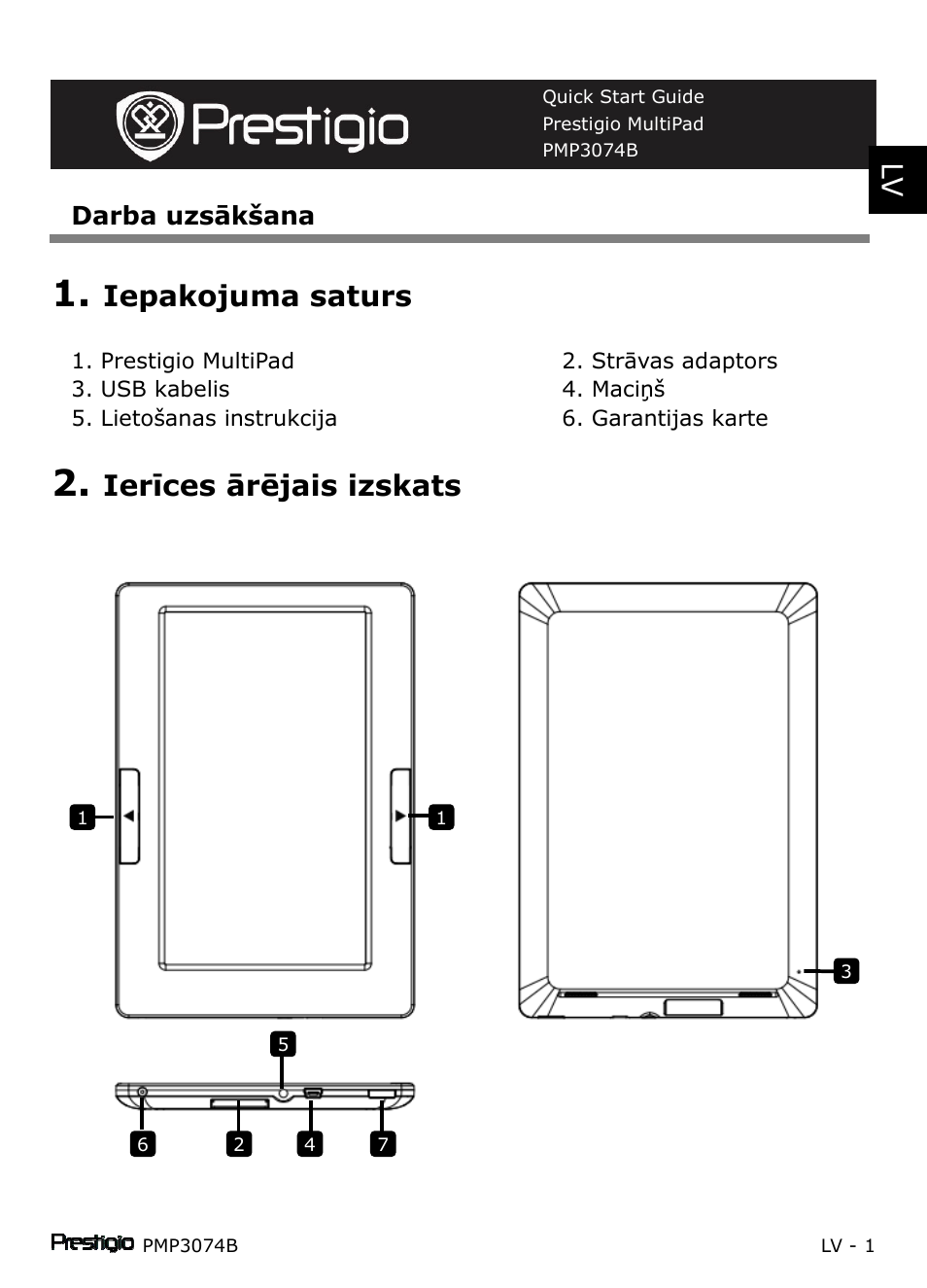 Iepakojuma saturs, Ierīces ārējais izskats, En lv | PRESTIGIO Multipad PMP3074B User Manual | Page 79 / 145