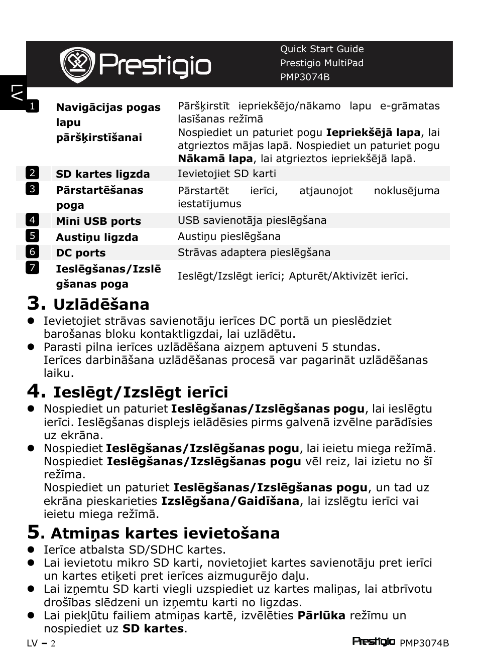 Uzlādēšana, Ieslēgt/izslēgt ierīci, Atmiņas kartes ievietošana | PRESTIGIO Multipad PMP3074B User Manual | Page 80 / 145
