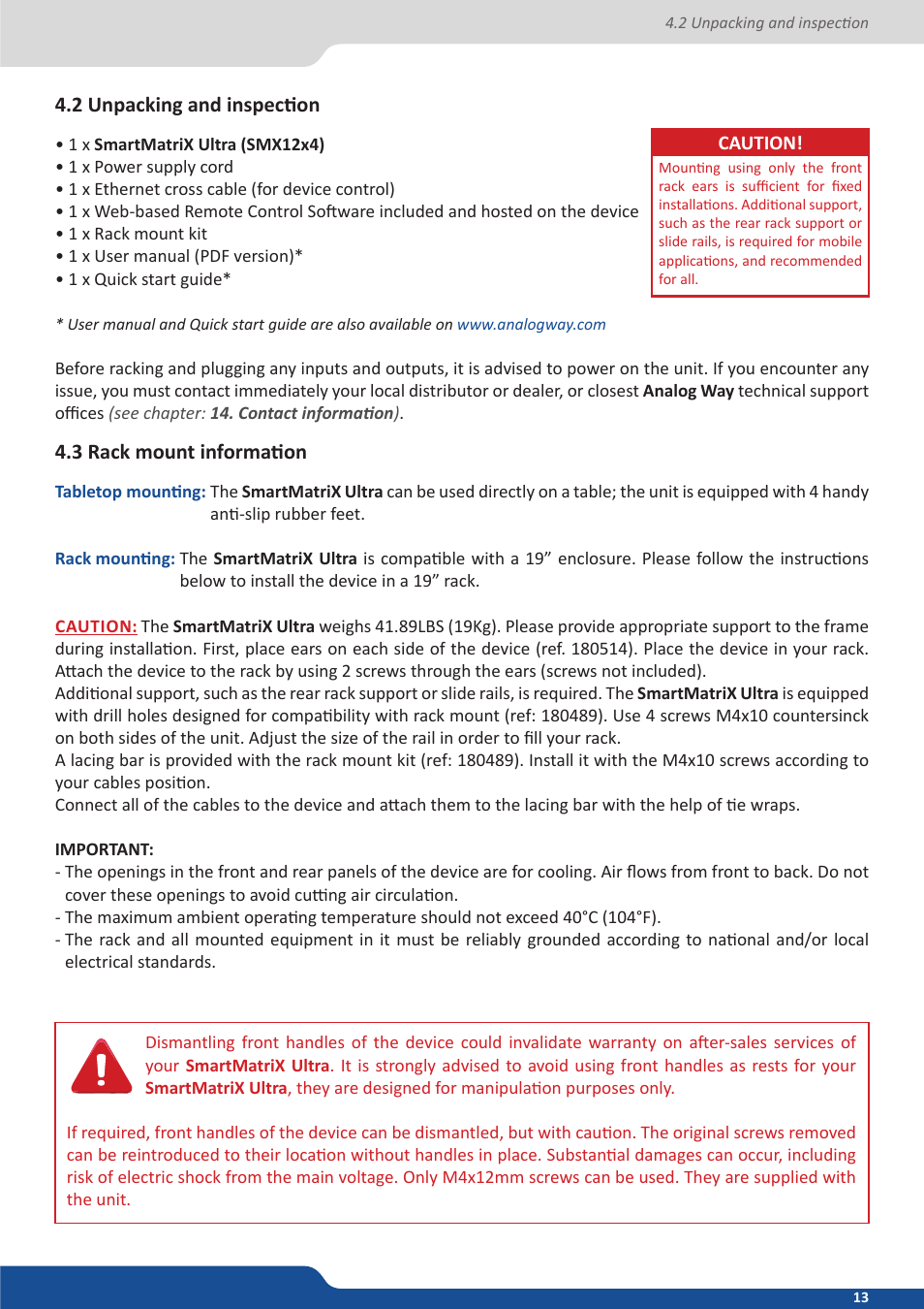 2 unpacking and inspection, 3 rack mount information | Analog Way SmartMatriX Ultra User Manual | Page 13 / 82