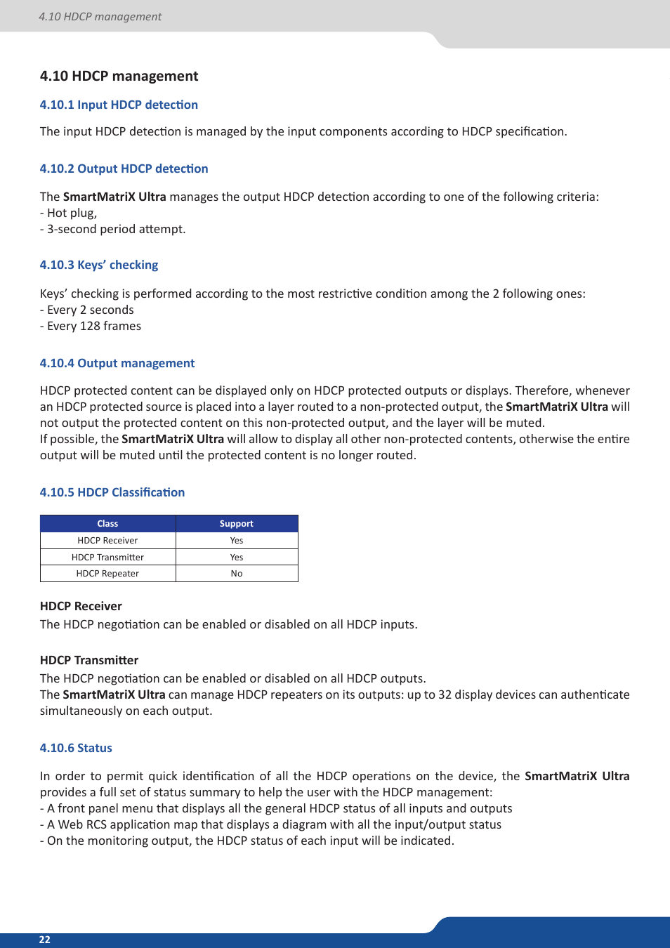 10 hdcp management, 1 input hdcp detection, 2 output hdcp detection | 3 keys’ checking, 4 output management, 5 hdcp classification, 6 status | Analog Way SmartMatriX Ultra User Manual | Page 22 / 82