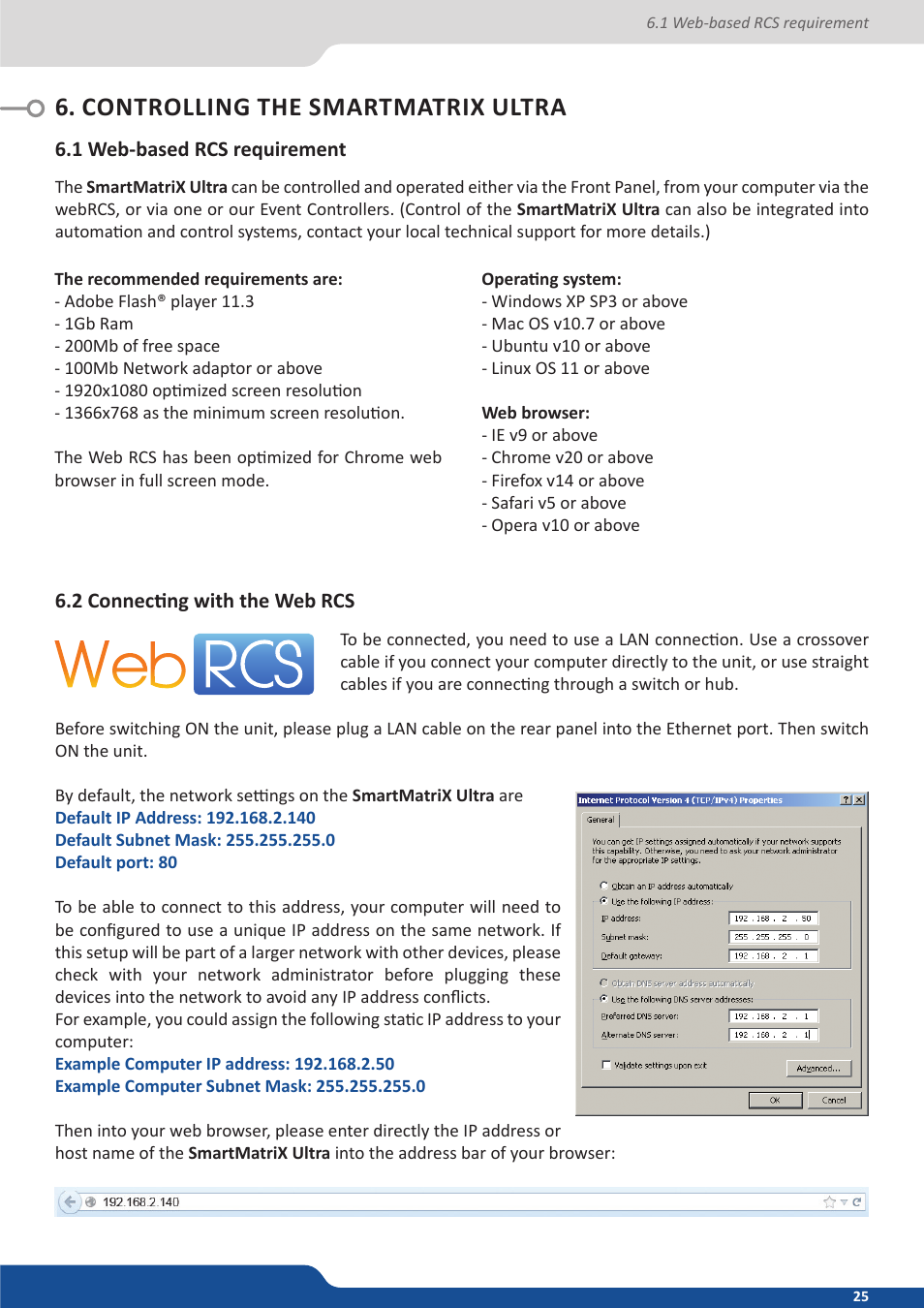 Controlling the nextage 16, 1 web-based rcs requirement, 2 connecting with the web rcs | Controlling the smartmatrix ultra | Analog Way SmartMatriX Ultra User Manual | Page 25 / 82