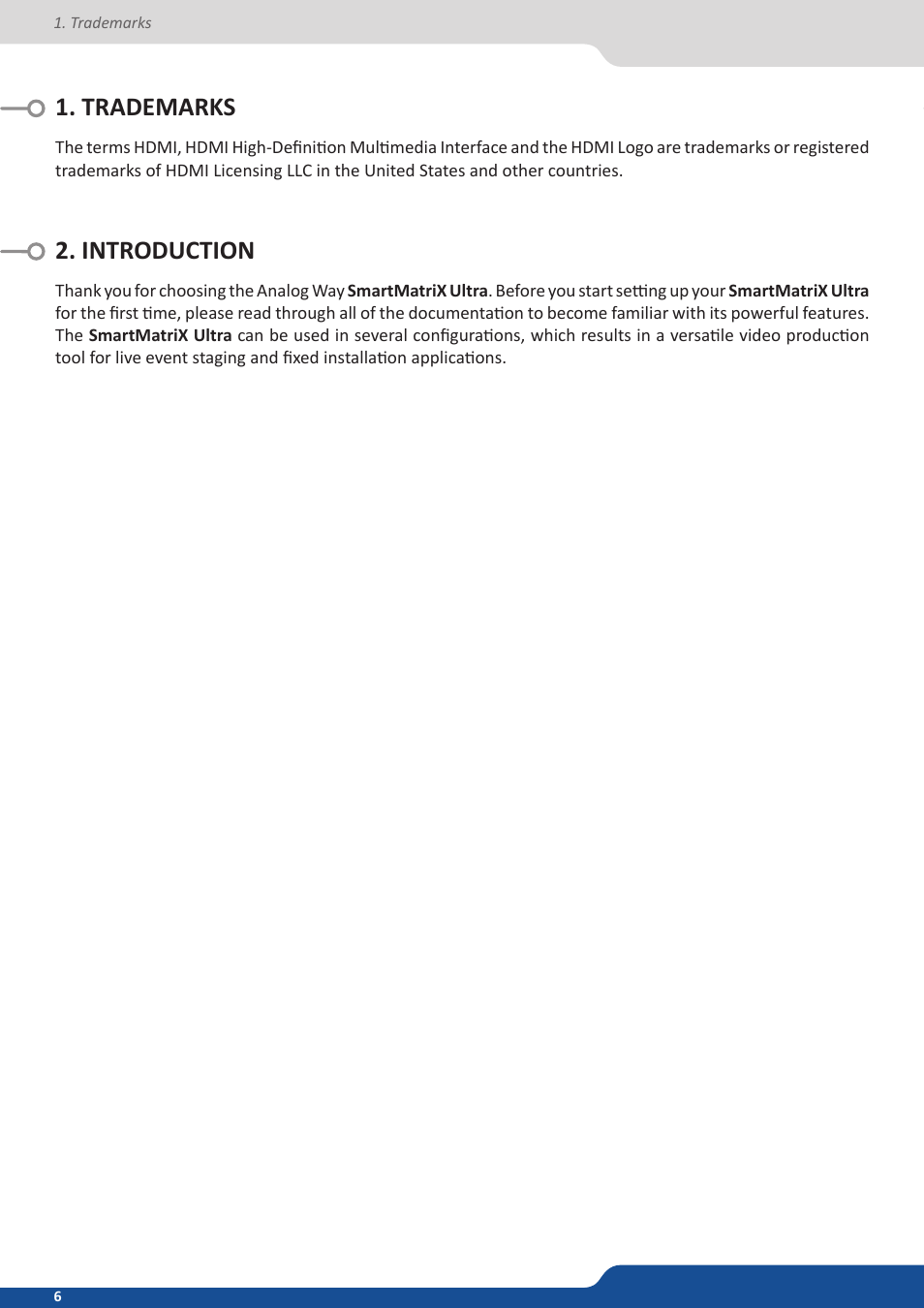 Trademarks, Introduction, Trademarks 2. introduction | Analog Way SmartMatriX Ultra User Manual | Page 6 / 82