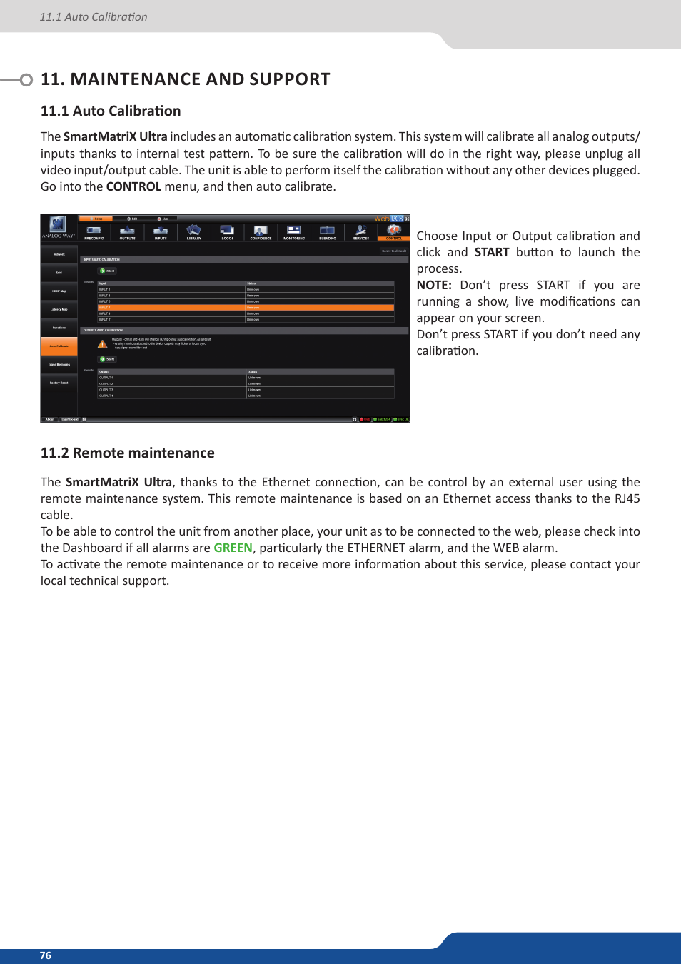 Maintenance and support, 1 auto calibration, 2 remote maintenance | Analog Way SmartMatriX Ultra User Manual | Page 76 / 82