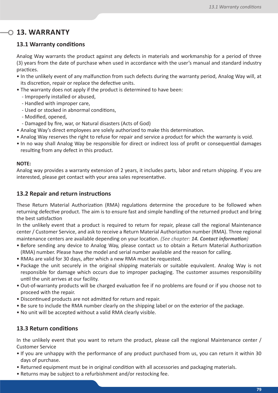 Warranty, 1 warranty conditions, 2 repair and return instructions | 3 return conditions | Analog Way SmartMatriX Ultra User Manual | Page 79 / 82