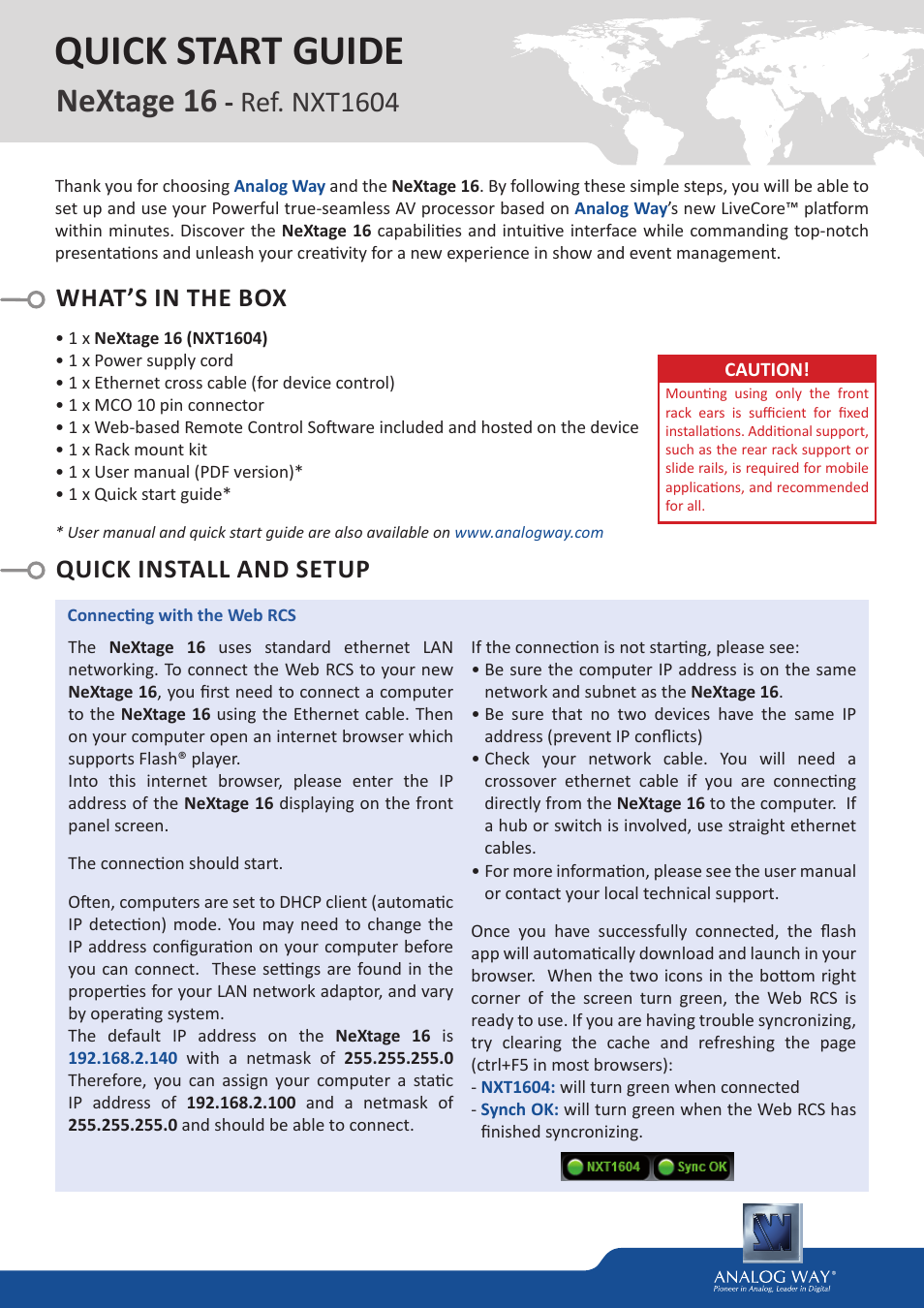 Analog Way NeXtage 16 User Manual | 4 pages