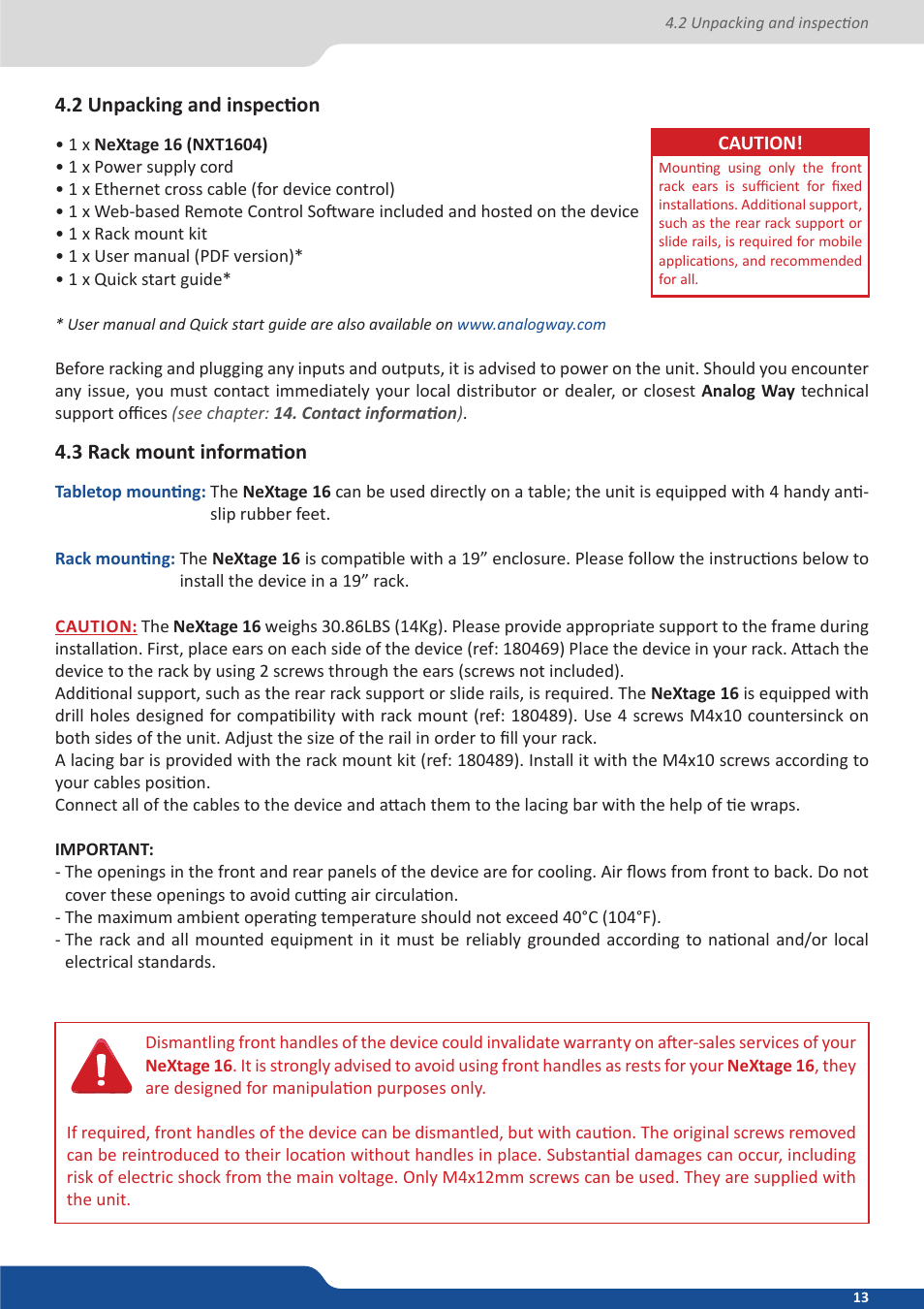 2 unpacking and inspection, 3 rack mount information | Analog Way NeXtage 16 User Manual | Page 13 / 81