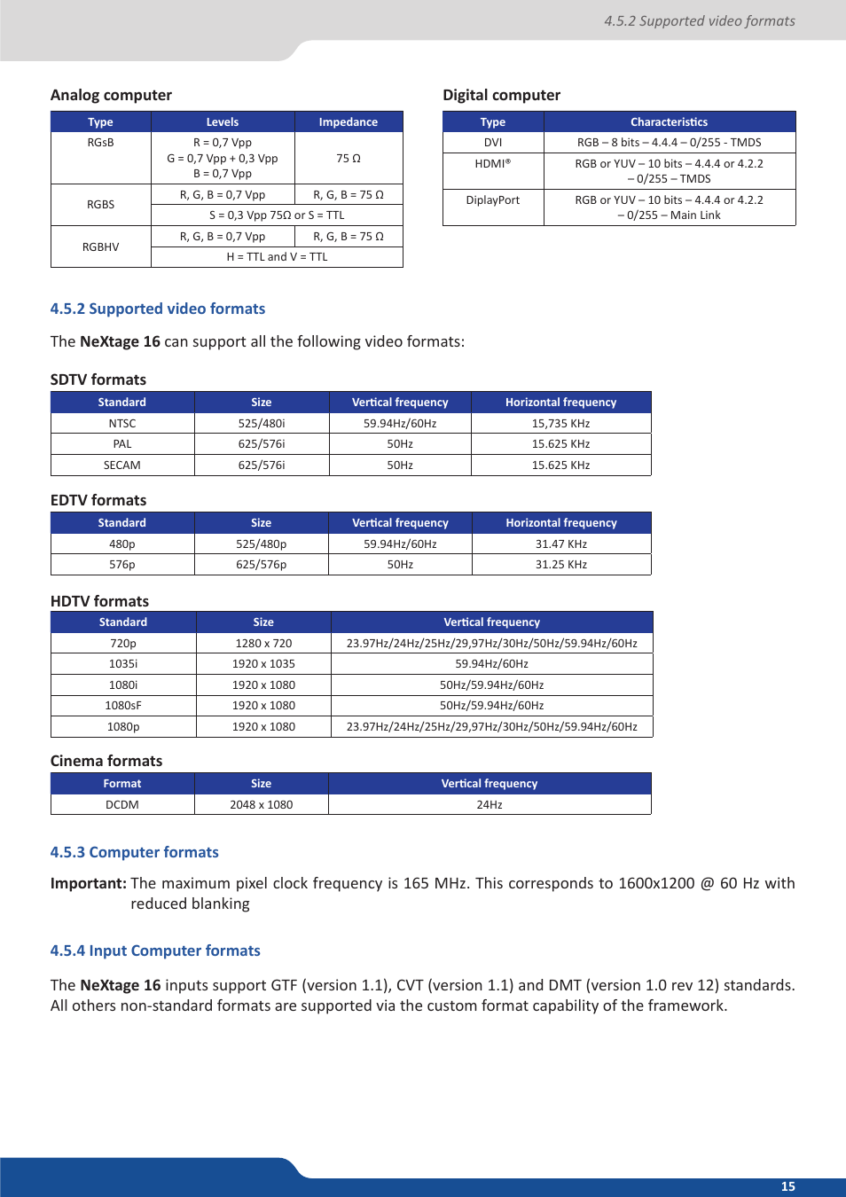 2 supported video formats, 3 computer formats, 4 input computer formats | Analog computer digital computer, Sdtv formats, Edtv formats, Hdtv formats, Cinema formats | Analog Way NeXtage 16 User Manual | Page 15 / 81