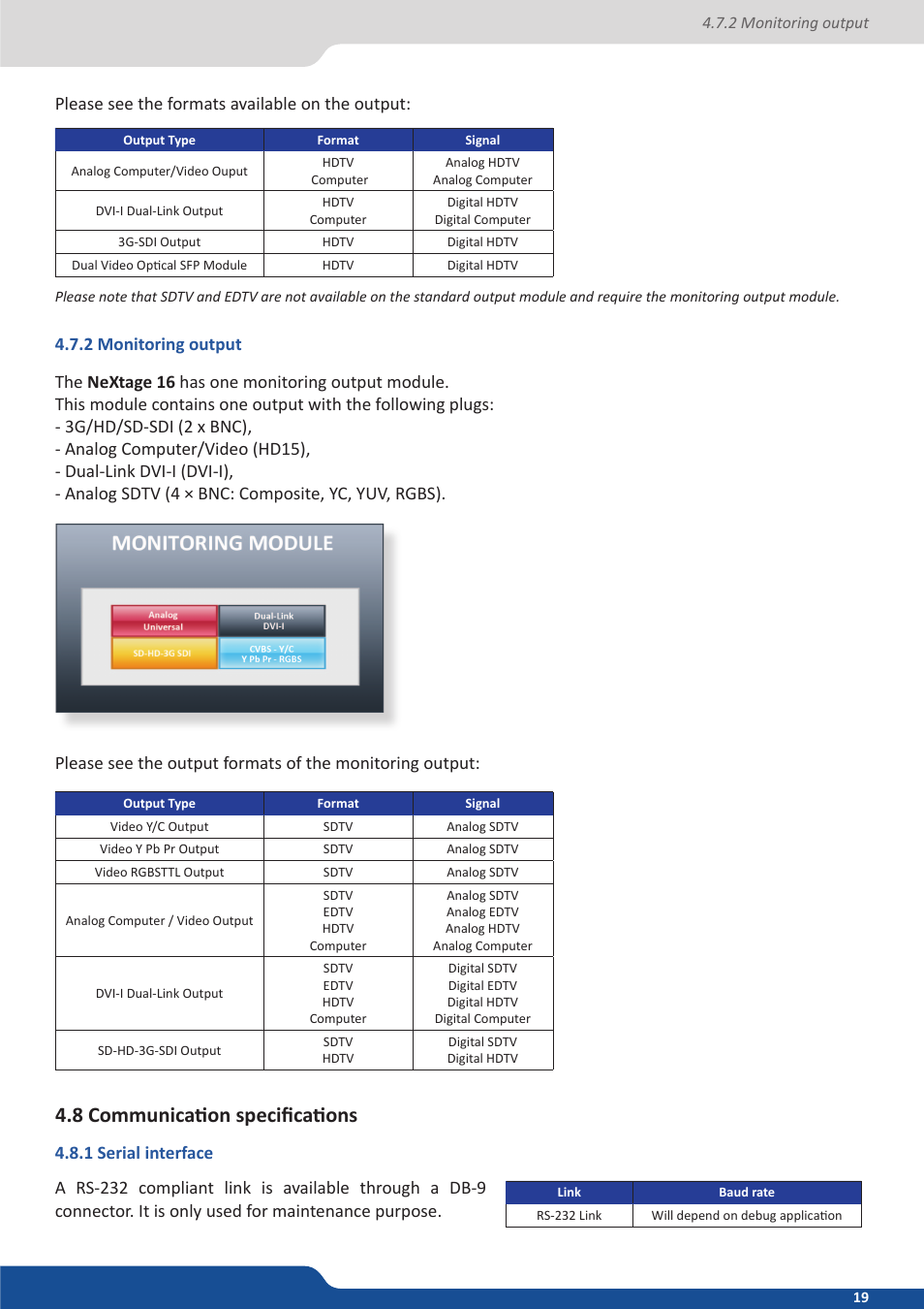 2 monitoring output, 8 communication specifications, 1 serial interface | Analog Way NeXtage 16 User Manual | Page 19 / 81