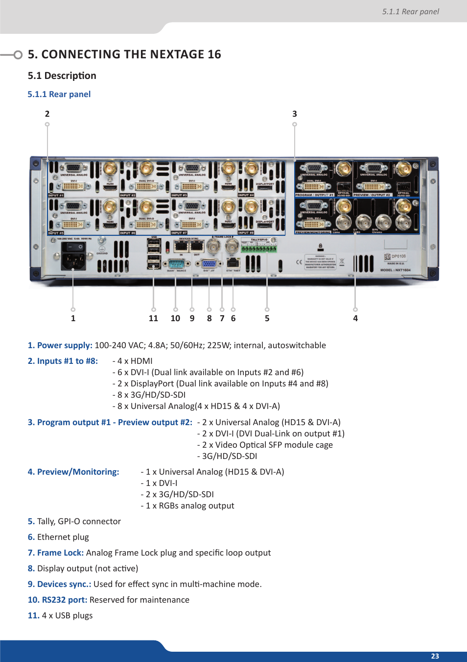Connecting the nextage 16, 1 description, 1 rear panel | Analog Way NeXtage 16 User Manual | Page 23 / 81