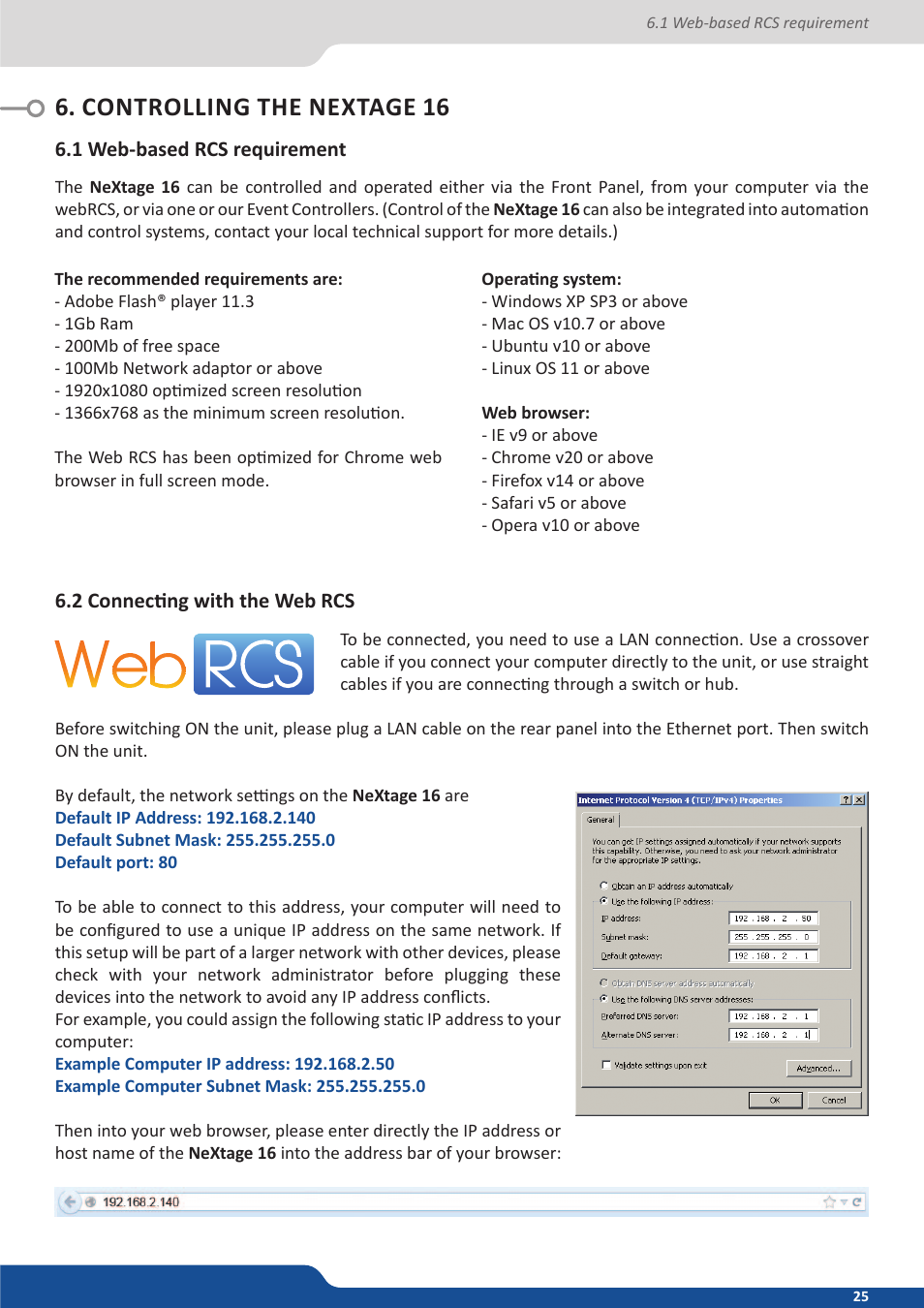 Controlling the nextage 16, 1 web-based rcs requirement, 2 connecting with the web rcs | Analog Way NeXtage 16 User Manual | Page 25 / 81