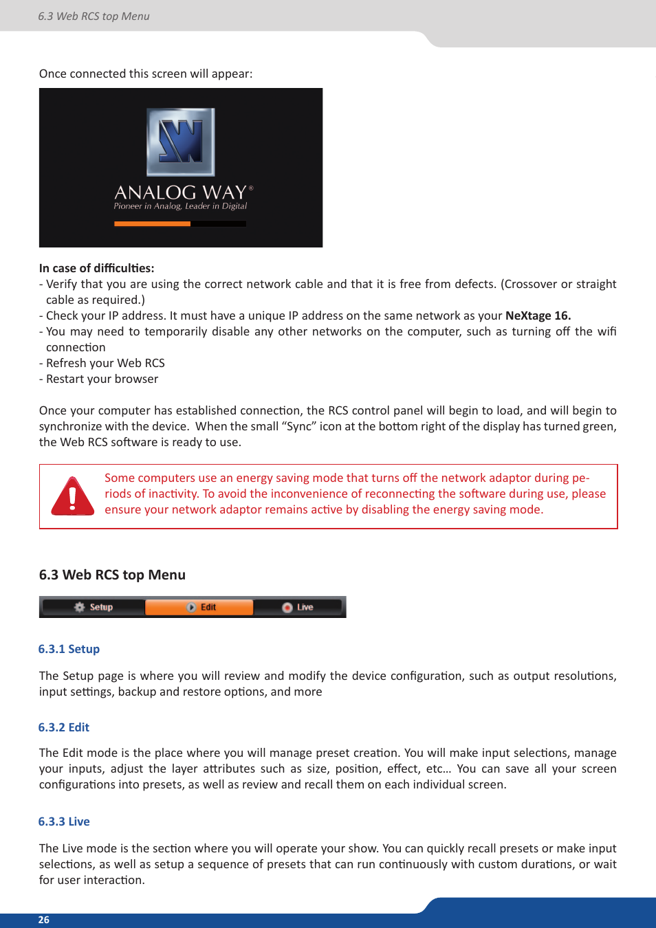3 web rcs top menu, 1 setup, 2 edit | 3 live | Analog Way NeXtage 16 User Manual | Page 26 / 81
