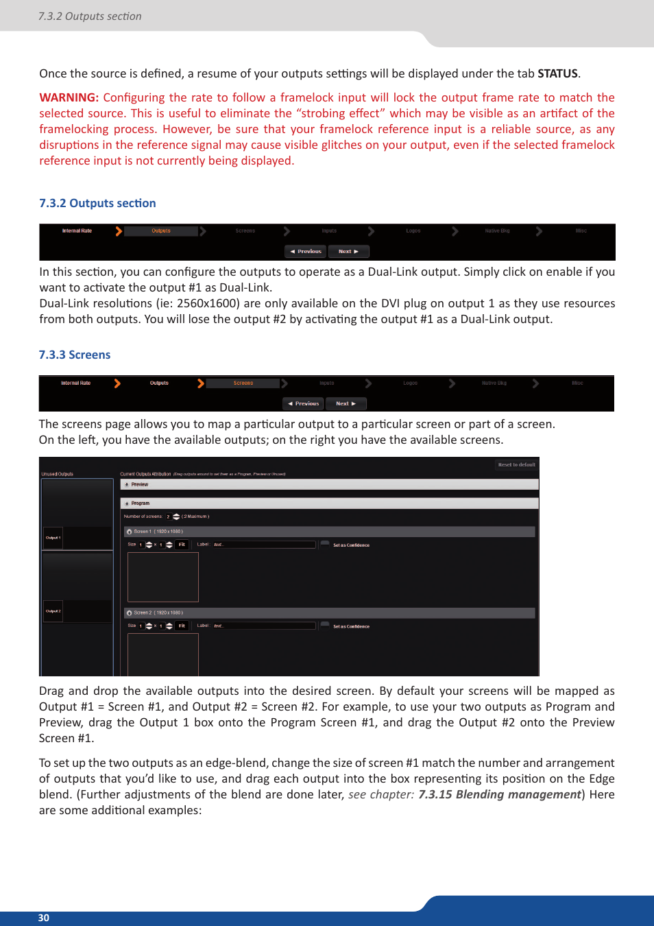 2 outputs section, 3 screens | Analog Way NeXtage 16 User Manual | Page 30 / 81