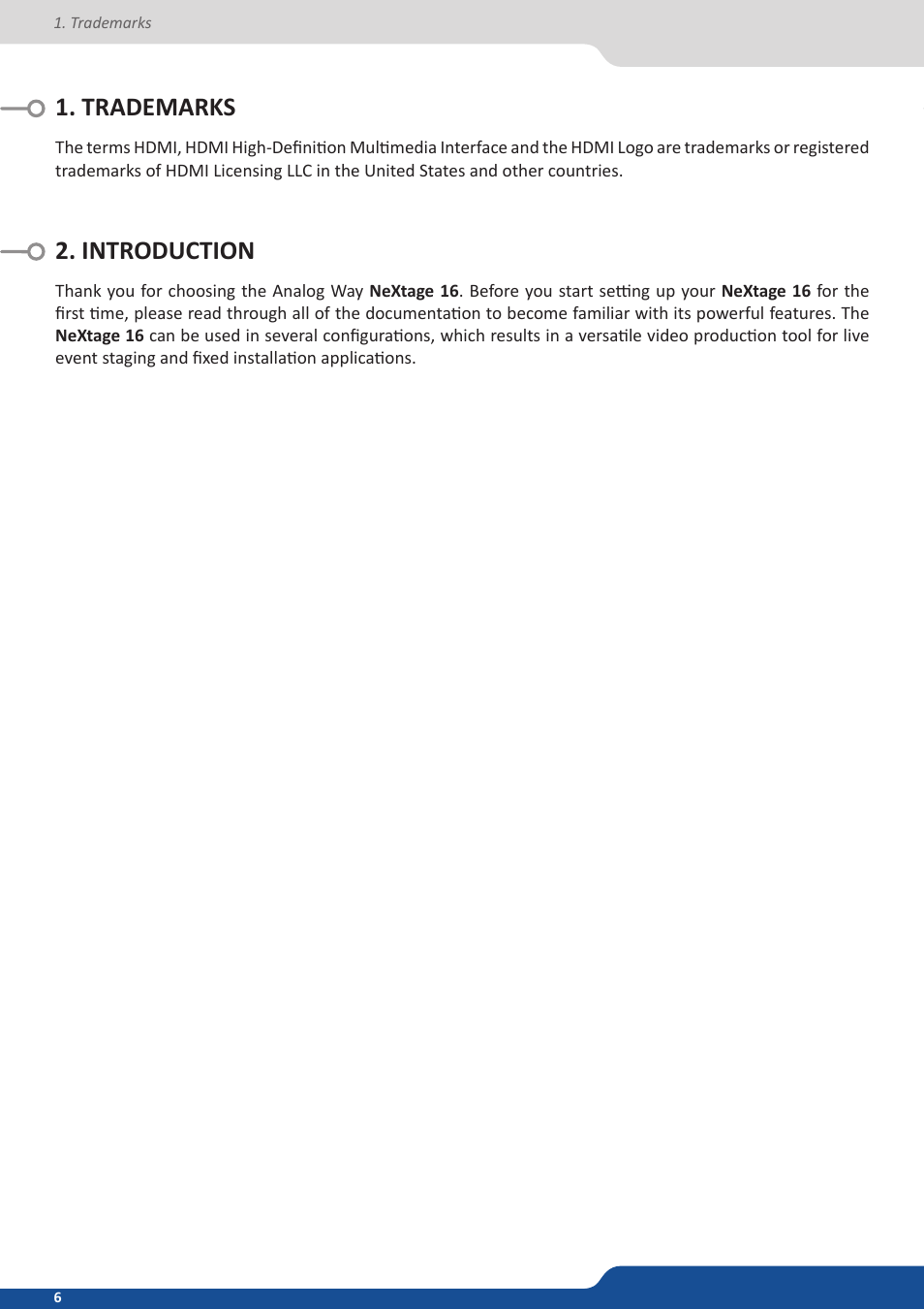 Trademarks, Introduction, Trademarks 2. introduction | Analog Way NeXtage 16 User Manual | Page 6 / 81