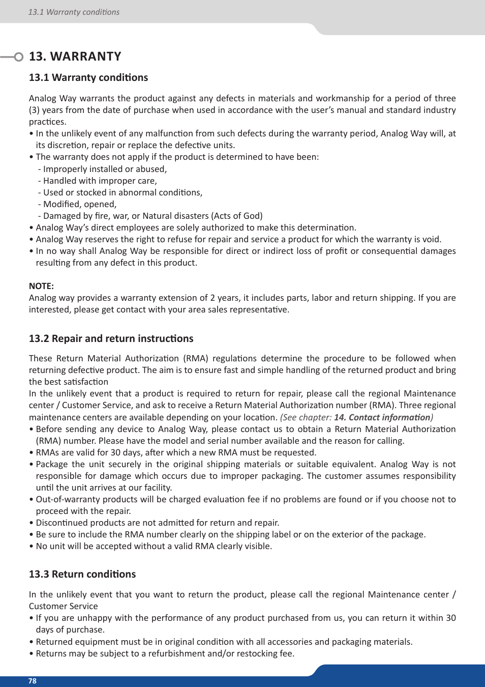 Warranty, 1 warranty conditions, 2 repair and return instructions | 3 return conditions | Analog Way NeXtage 16 User Manual | Page 78 / 81
