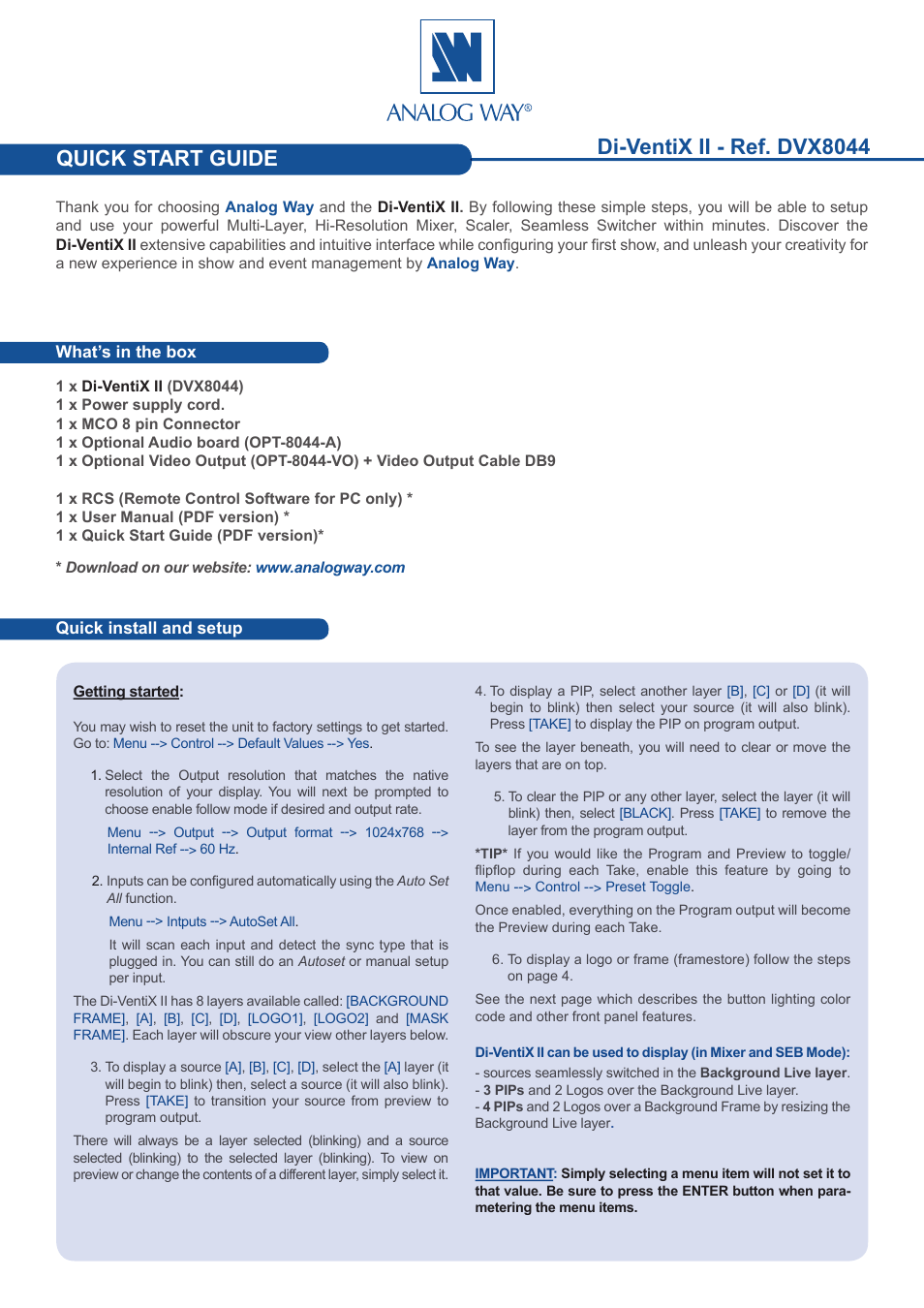 Analog Way Di-VentiX II User Manual | 4 pages