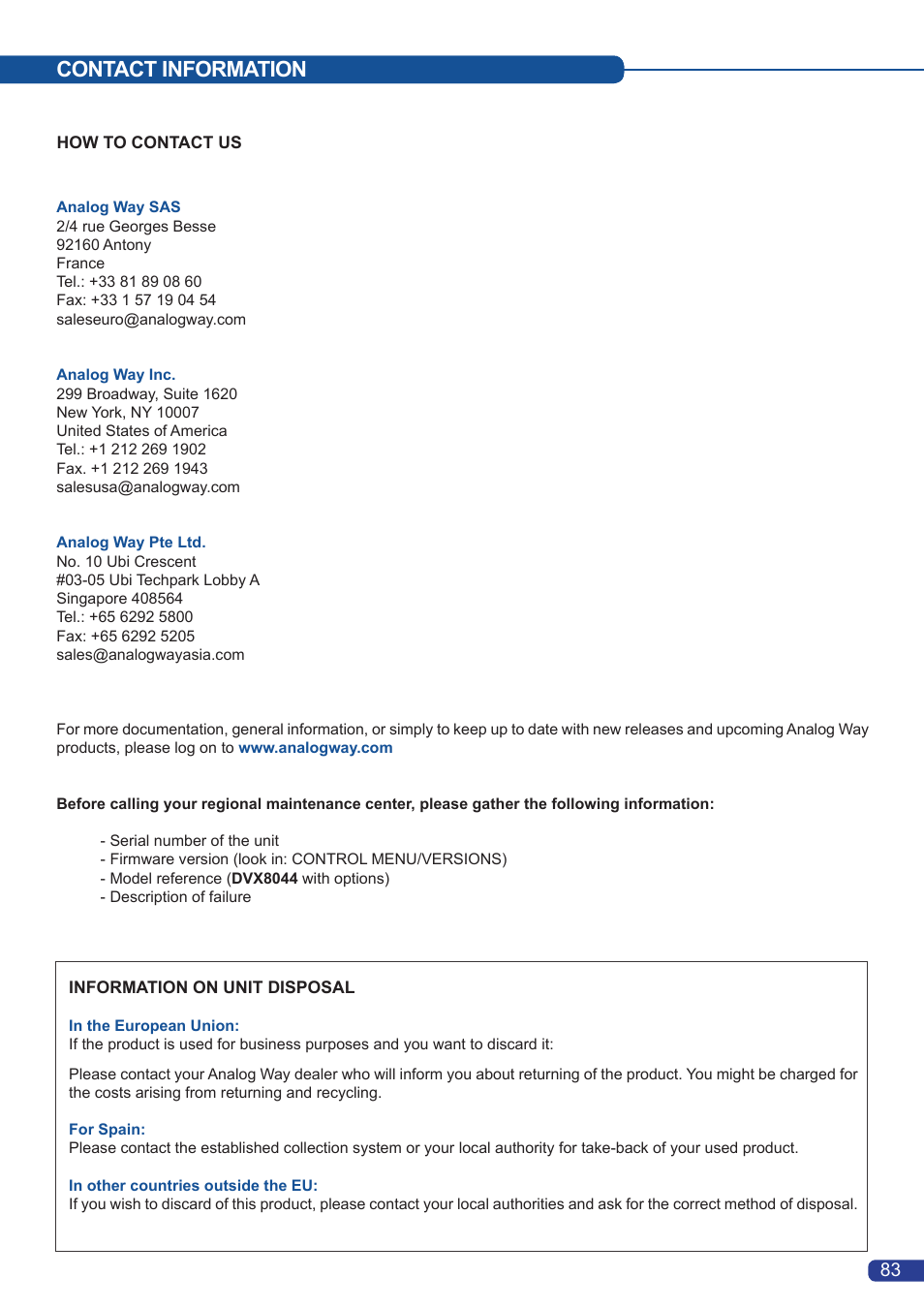 Contact information | Analog Way Di-VentiX II User Manual | Page 85 / 88