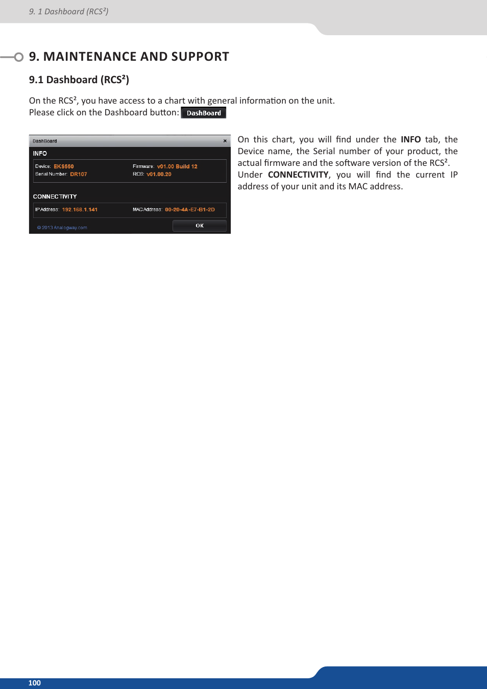 Maintenance and support, 1 dashboard (rcs²) | Analog Way Eikos2 User Manual | Page 100 / 106