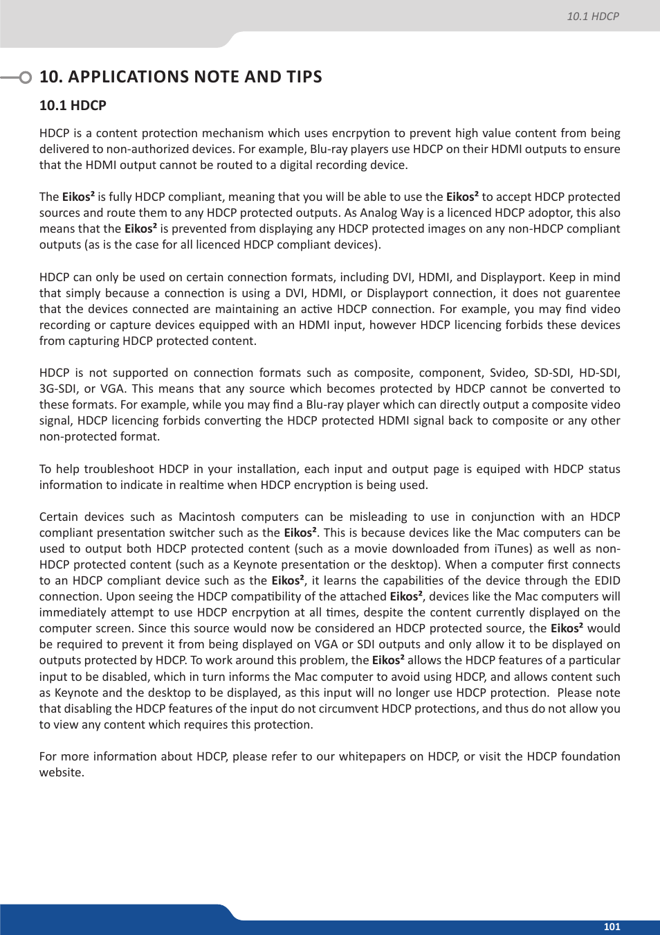 Applications note and tips, 1 hdcp | Analog Way Eikos2 User Manual | Page 101 / 106