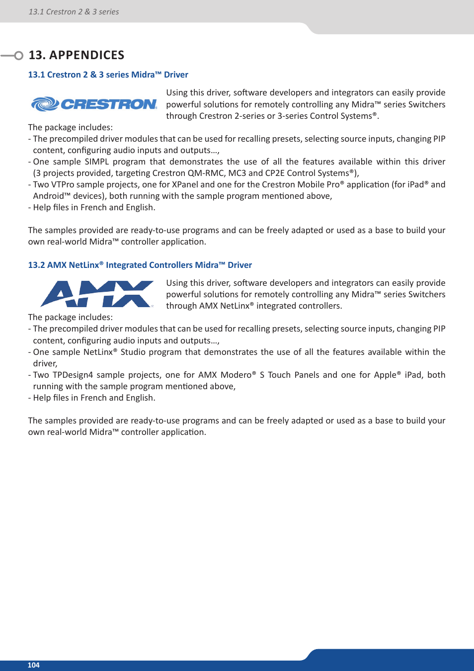 Appendices, 1 crestron 2 & 3 series midra driver, 2 amx netlinx integrated controllers midra driver | 1 crestron 2&3 series midra™ driver | Analog Way Eikos2 User Manual | Page 104 / 106