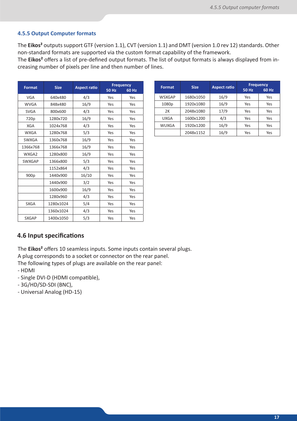 5 output computer formats, 6 input specifications | Analog Way Eikos2 User Manual | Page 17 / 106