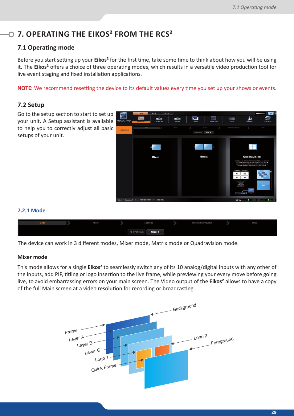 Operating the eikos² from the rcs, 1 operating mode, 2 setup | 1 mode | Analog Way Eikos2 User Manual | Page 29 / 106