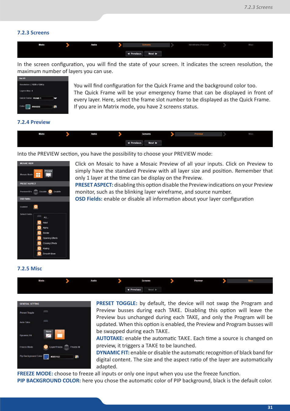 3 screens, 4 preview, 5 misc | Analog Way Eikos2 User Manual | Page 31 / 106