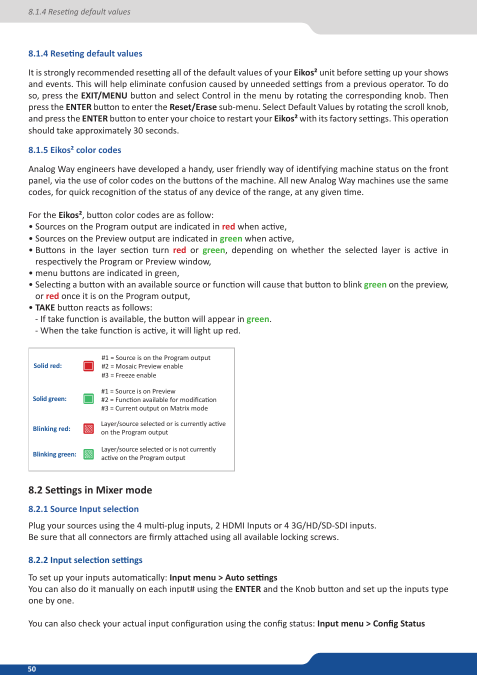 4 reseting default values, 5 eikos² color codes, 2 settings in mixer mode | 1 source input selection, 2 input selection settings | Analog Way Eikos2 User Manual | Page 50 / 106