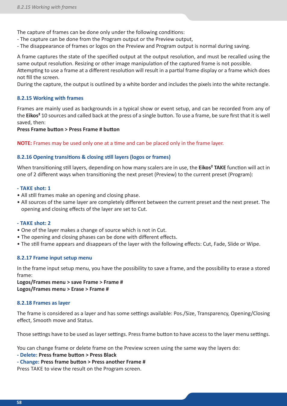 15 working with frames, 17 frame input setup menu, 18 frames as layer | Analog Way Eikos2 User Manual | Page 58 / 106