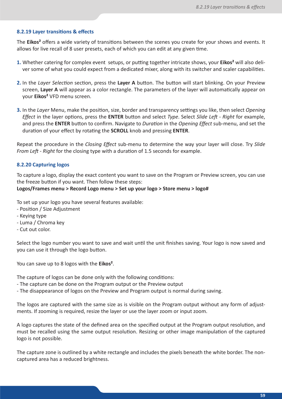 19 layer transitions & effects, 20 capturing logos | Analog Way Eikos2 User Manual | Page 59 / 106