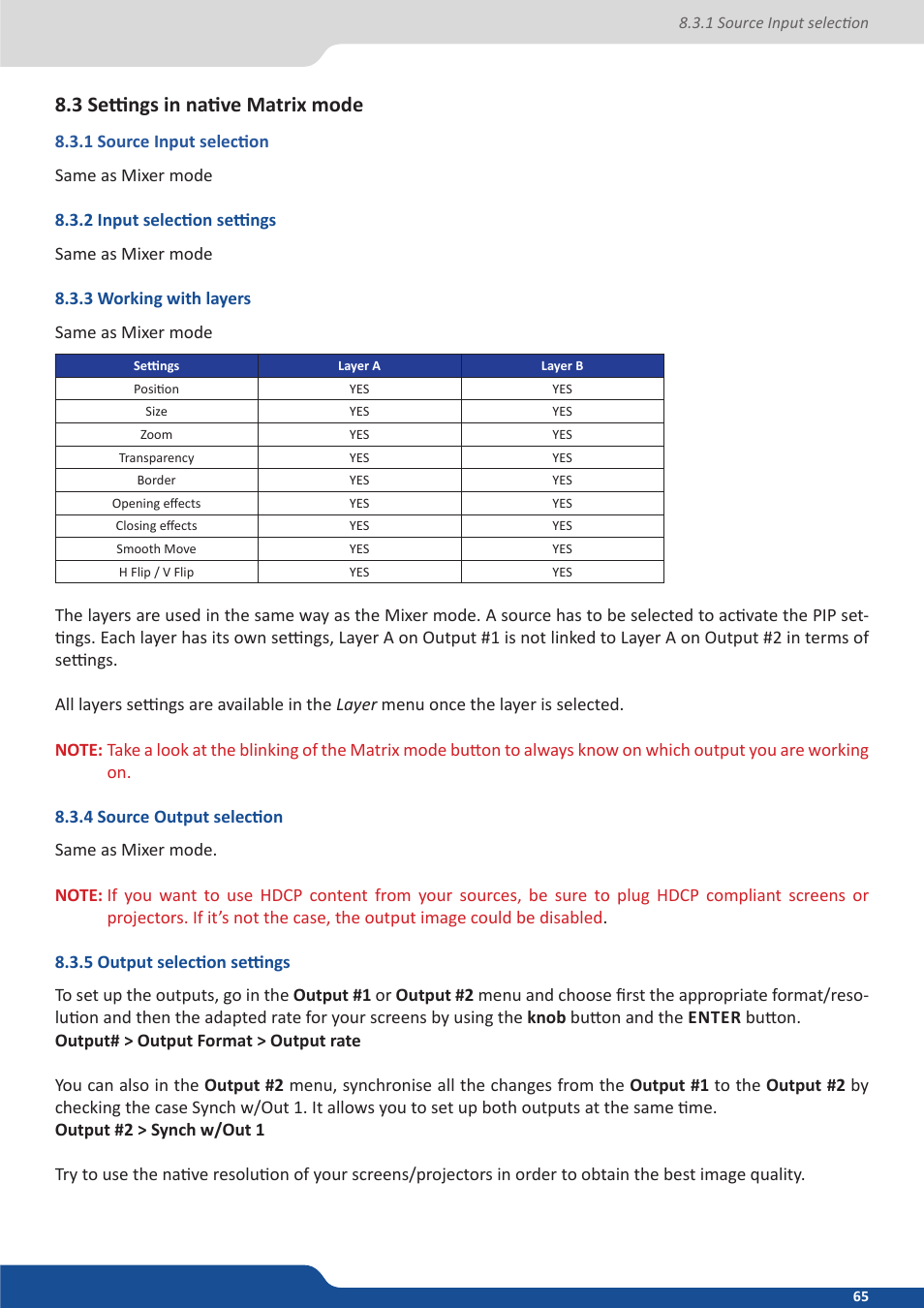 3 settings in native matrix mode, 1 source input selection, 2 input selection settings | 3 working with layers, 4 source output selection, 5 output selection settings | Analog Way Eikos2 User Manual | Page 65 / 106