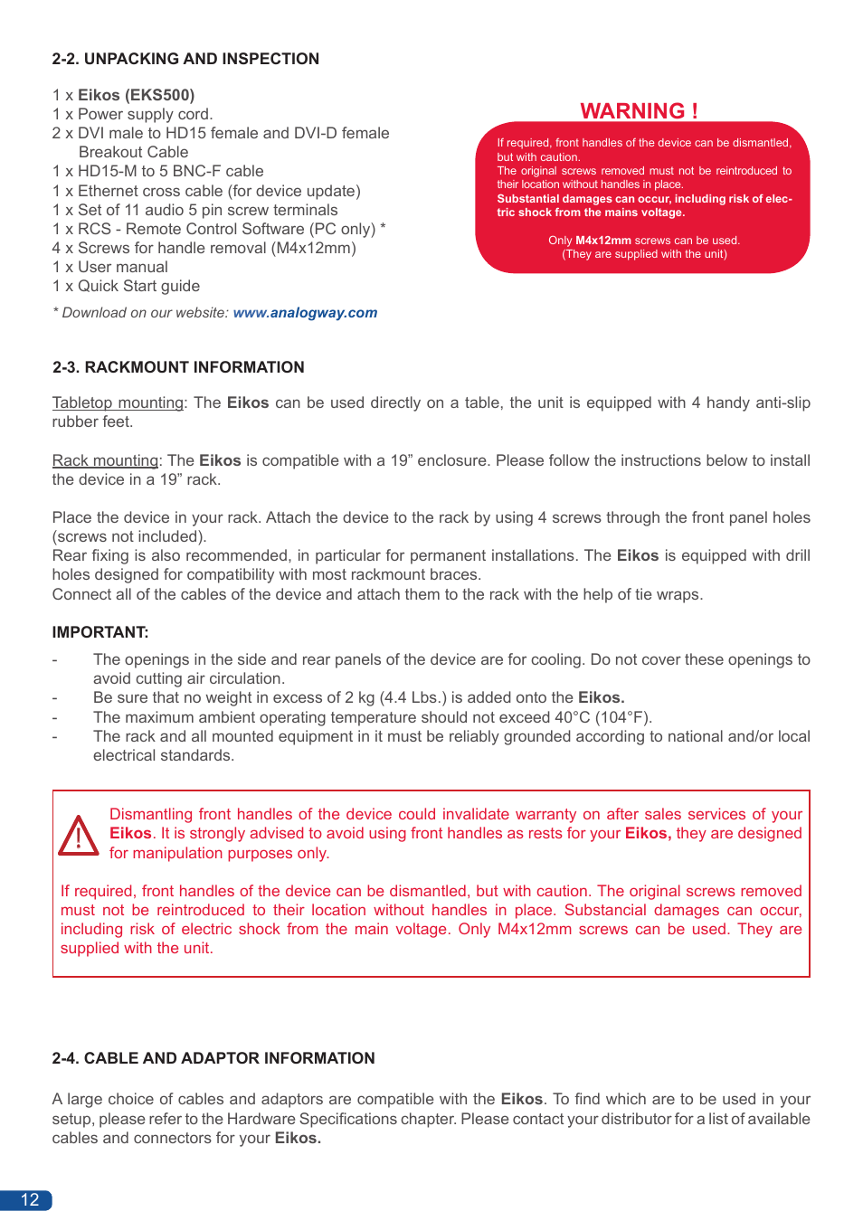 Warning | Analog Way Eikos User Manual | Page 14 / 92
