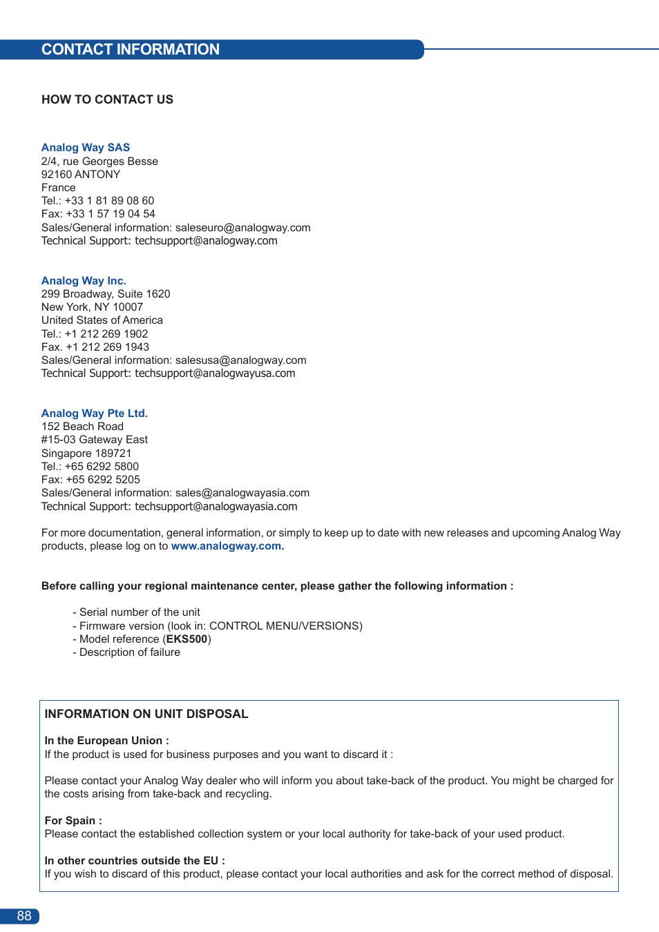 Contact information | Analog Way Eikos User Manual | Page 90 / 92