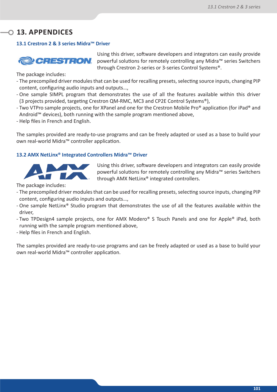 Appendices, 1 crestron 2 & 3 series midra driver, 2 amx netlinx integrated controllers midra driver | 1 crestron 2&3 series midra™ driver | Analog Way Saphyr User Manual | Page 101 / 103