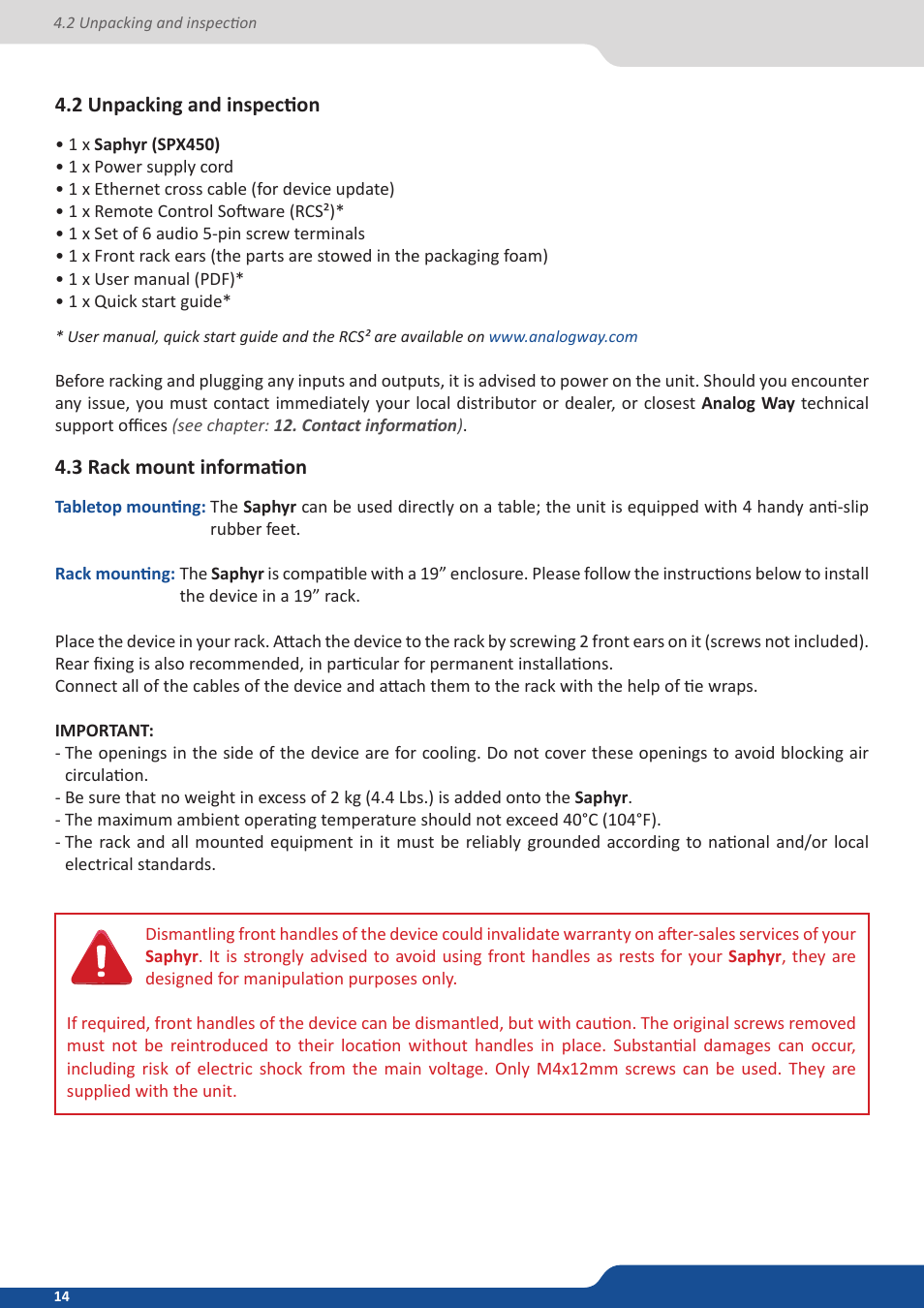 2 unpacking and inspection, 3 rack mount information | Analog Way Saphyr User Manual | Page 14 / 103