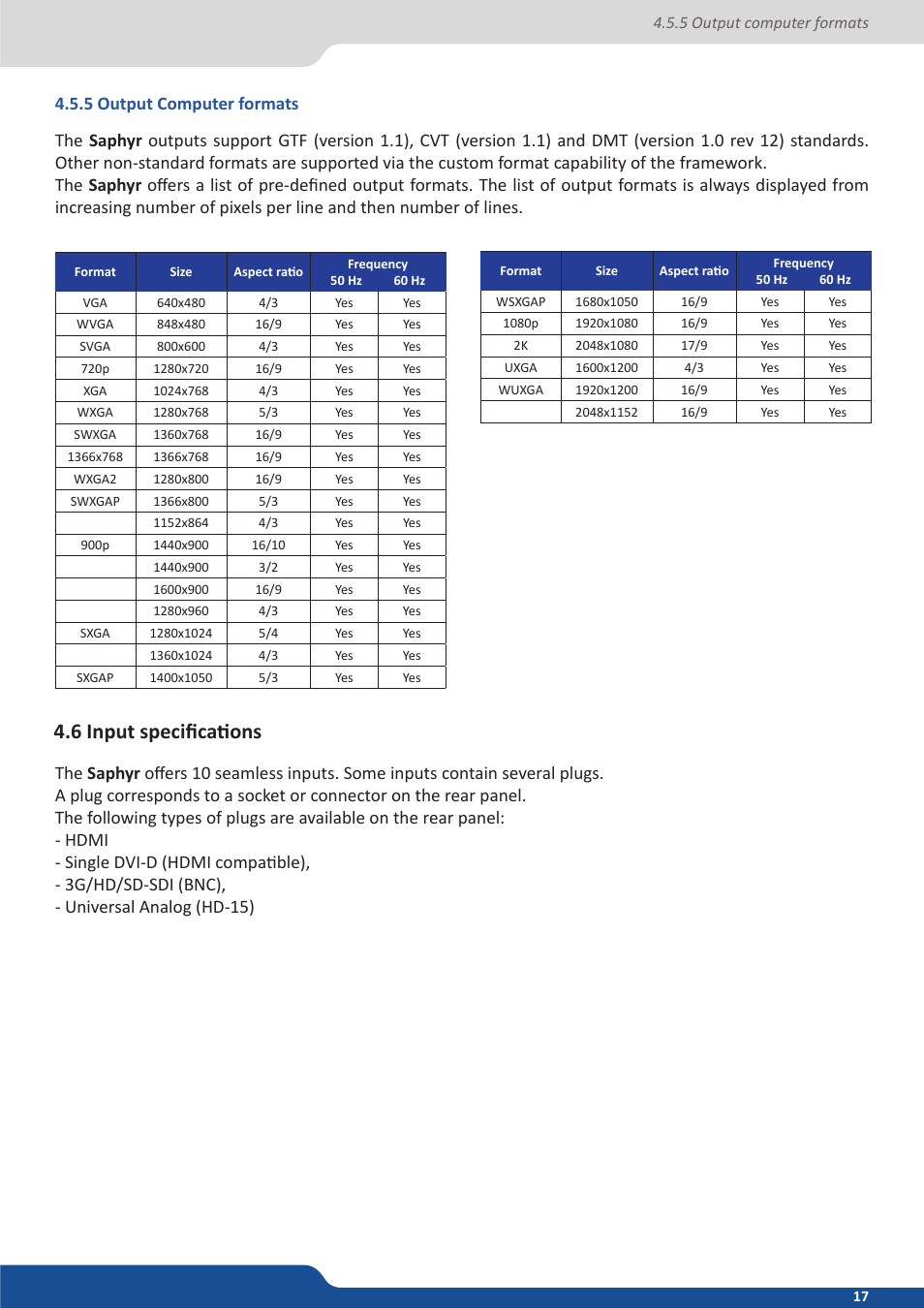 5 output computer formats, 6 input specifications | Analog Way Saphyr User Manual | Page 17 / 103