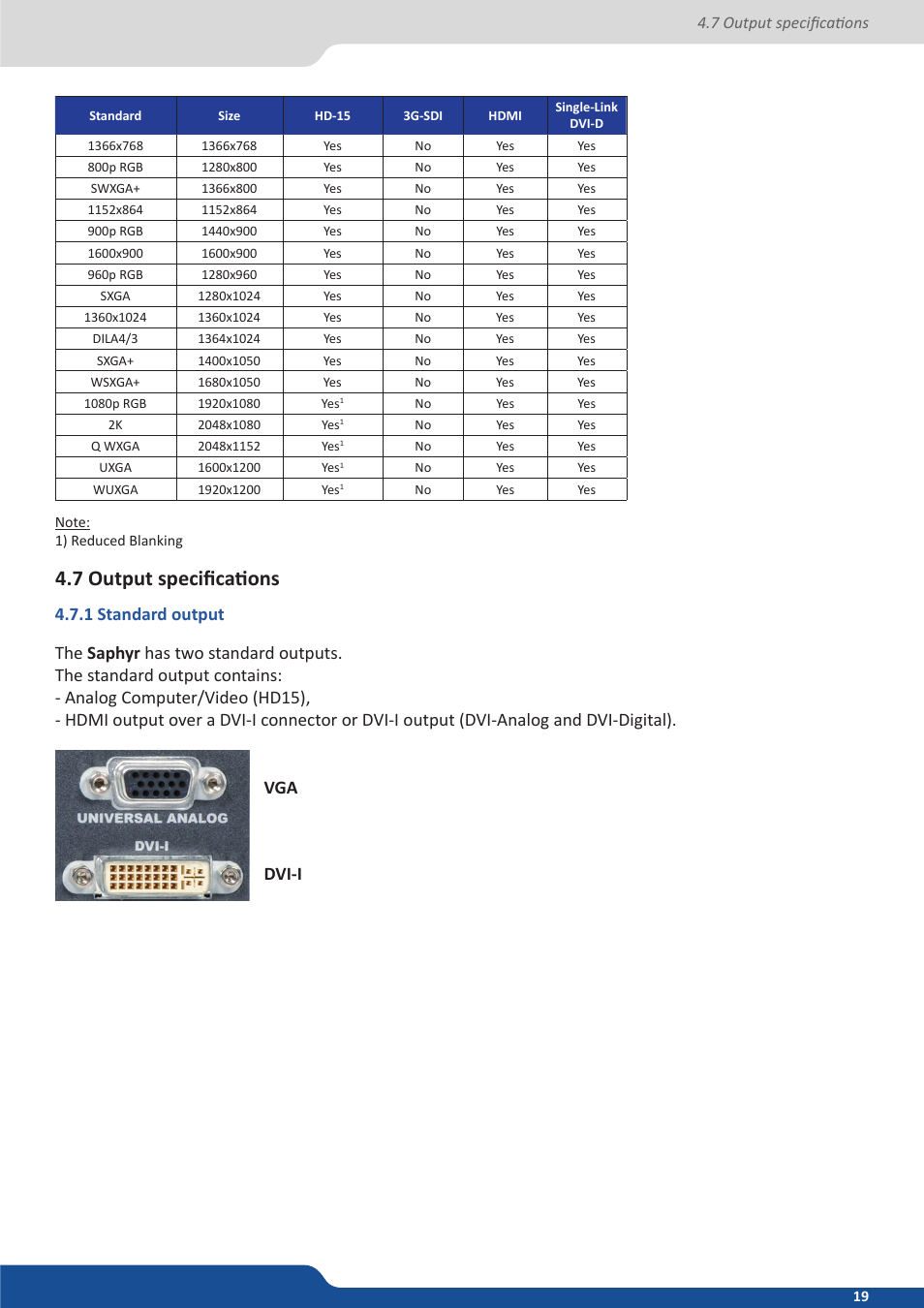 7 output specifications, 1 standard output, 1 standard output vga dvi-i | Analog Way Saphyr User Manual | Page 19 / 103