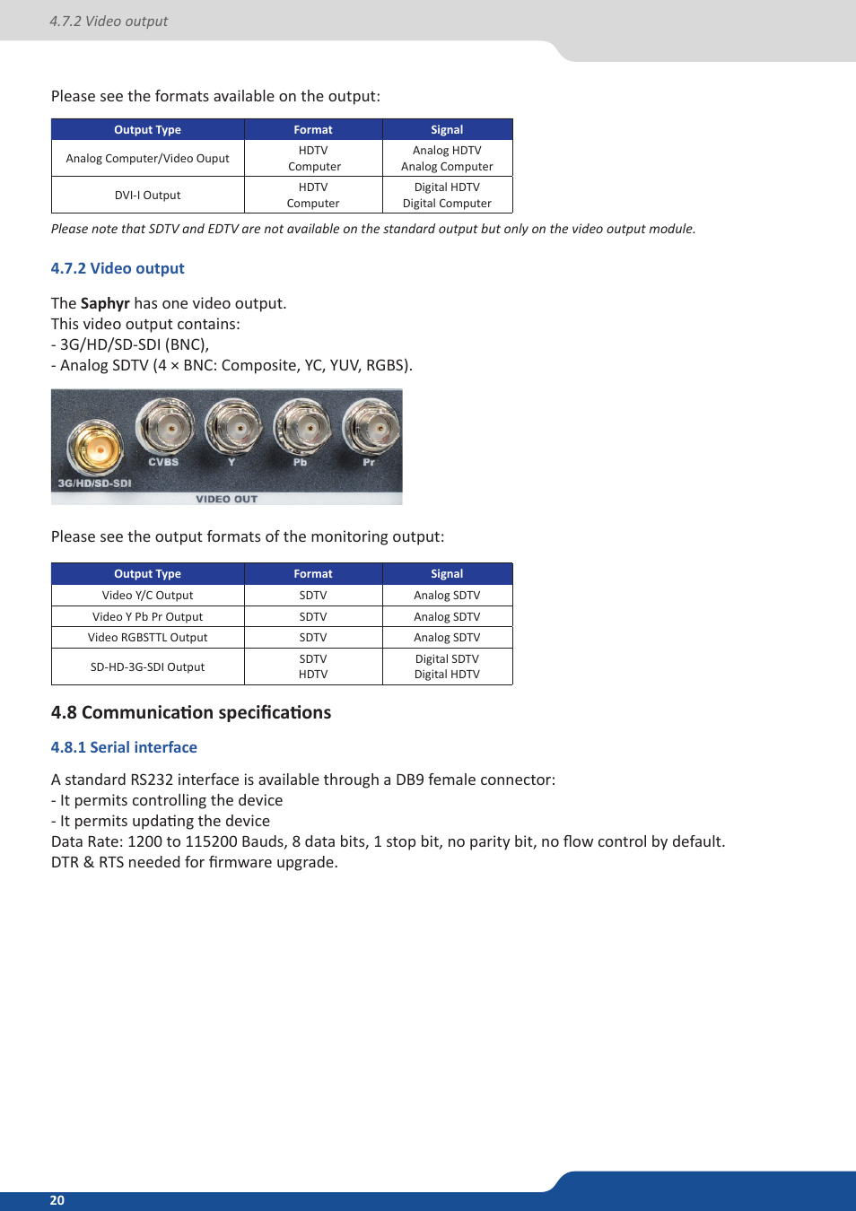 2 video output, 8 communication specifications, 1 serial interface | Analog Way Saphyr User Manual | Page 20 / 103