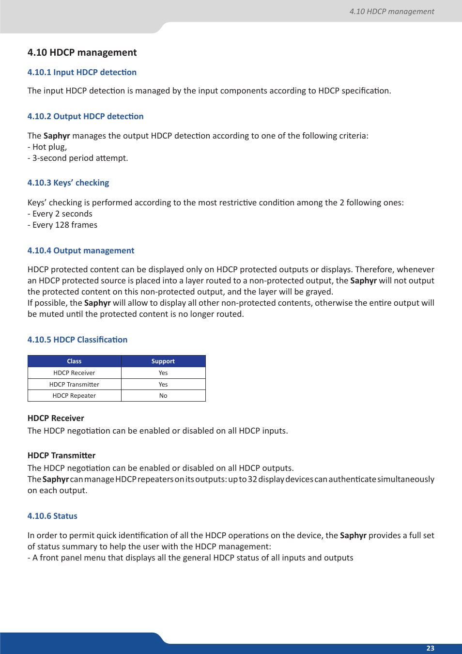 10 hdcp management, 1 input hdcp detection, 2 output hdcp detection | 3 keys’ checking, 4 output management, 5 hdcp classification, 6 status | Analog Way Saphyr User Manual | Page 23 / 103