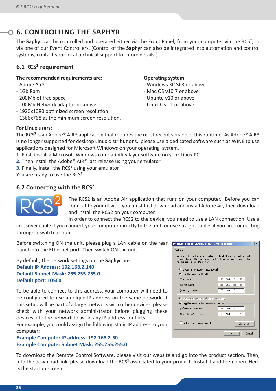 Controlling the saphyr, 1 rcs² requirement, 2 connecting with the rcs | Analog Way Saphyr User Manual | Page 26 / 103