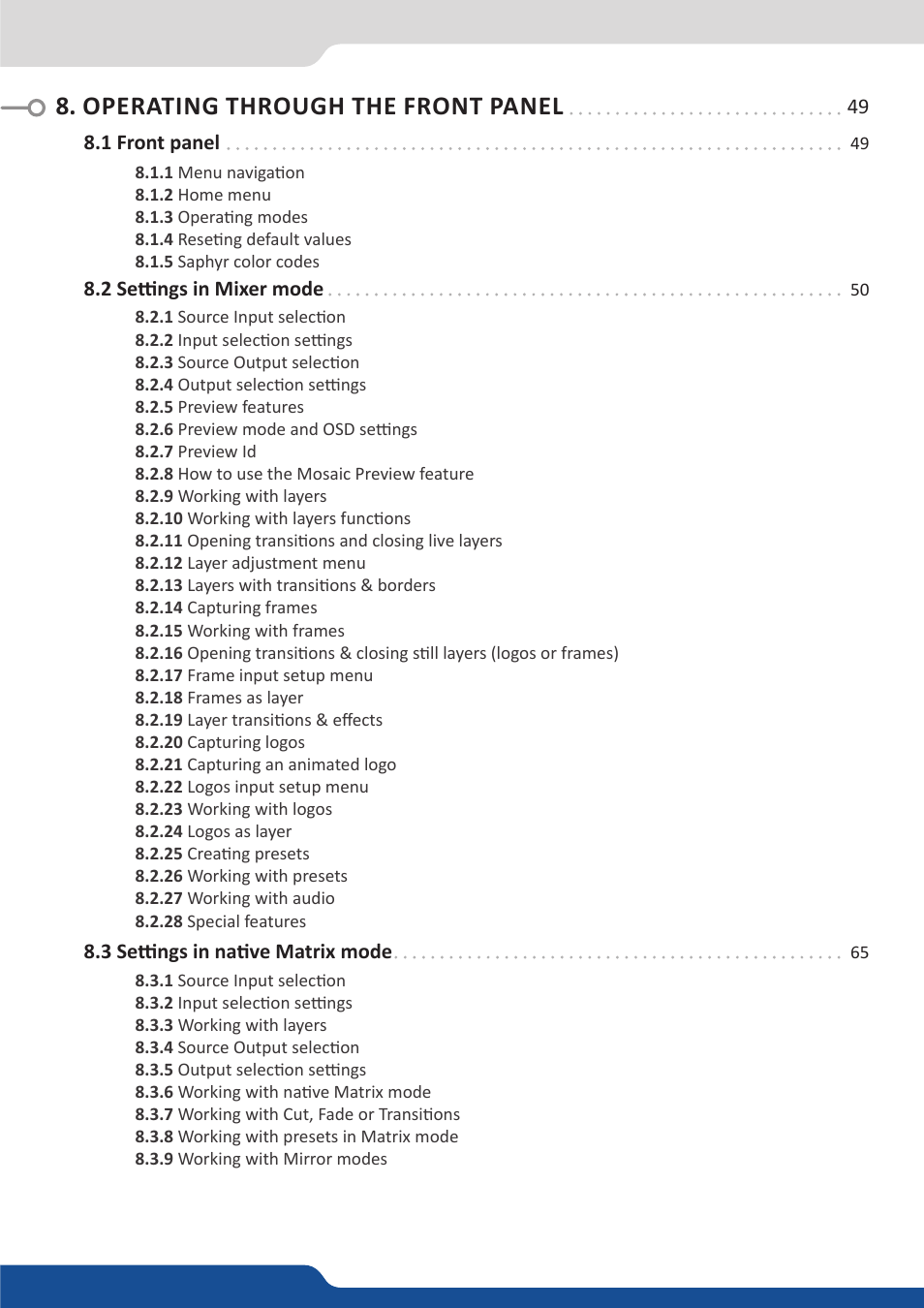 Operating through the front panel | Analog Way Saphyr User Manual | Page 5 / 103