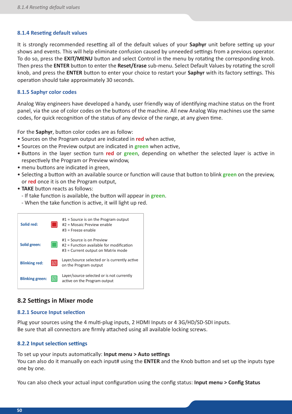 4 reseting default values, 5 saphyr color codes, 2 settings in mixer mode | 1 source input selection, 2 input selection settings | Analog Way Saphyr User Manual | Page 50 / 103