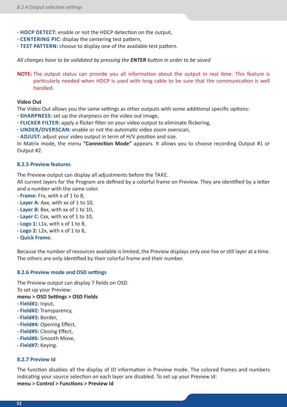 5 preview features, 6 preview mode and osd settings, 7 preview id | Analog Way Saphyr User Manual | Page 52 / 103