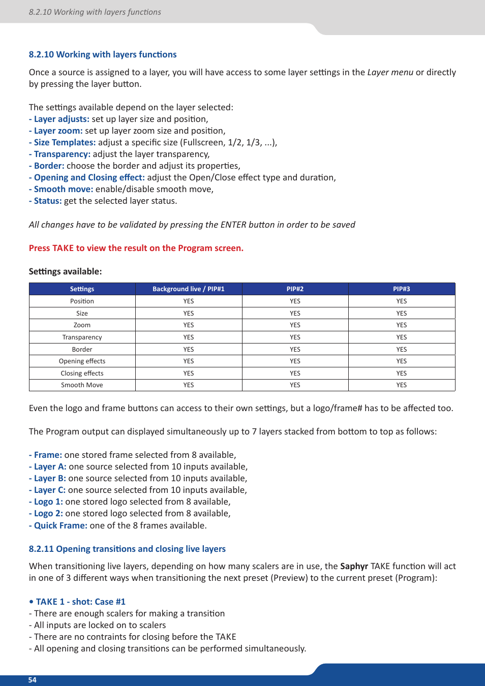 10 working with layers functions, 11 opening transitions and closing live layers | Analog Way Saphyr User Manual | Page 54 / 103