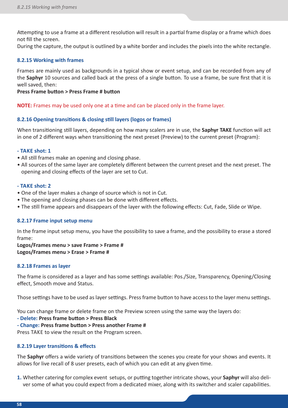 15 working with frames, 17 frame input setup menu, 18 frames as layer | 19 layer transitions & effects | Analog Way Saphyr User Manual | Page 58 / 103