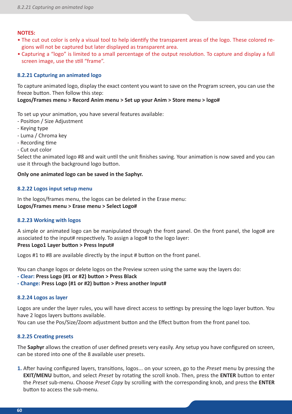 21 capturing an animated logo, 22 logos input setup menu, 23 working with logos | 24 logos as layer, 25 creating presets | Analog Way Saphyr User Manual | Page 60 / 103