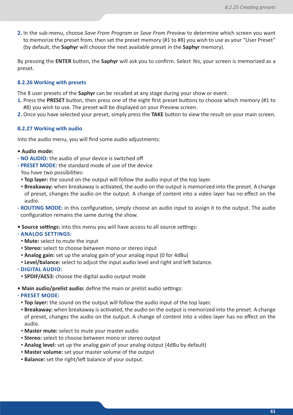 26 working with presets, 27 working with audio | Analog Way Saphyr User Manual | Page 61 / 103